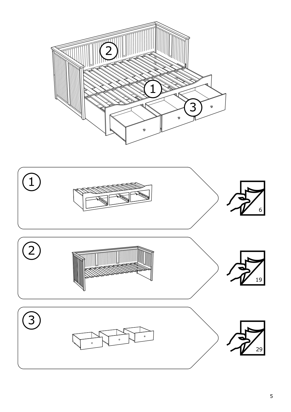 Assembly instructions for IKEA Hemnes daybed frame with 3 drawers white | Page 5 - IKEA HEMNES daybed with 3 drawers/2 mattresses 095.215.00