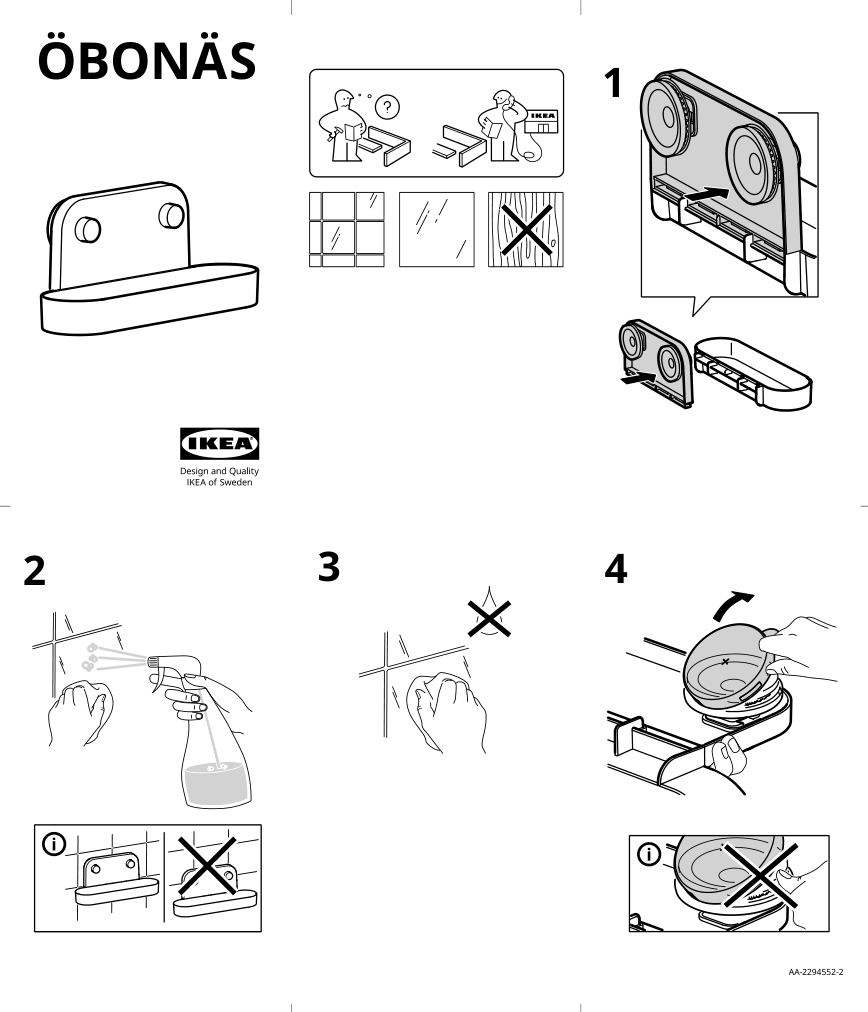 Assembly instructions for IKEA Oebonaes wall shelf with suction cup gray green | Page 1 - IKEA ÖBONÄS wall shelf with suction cup 004.988.96