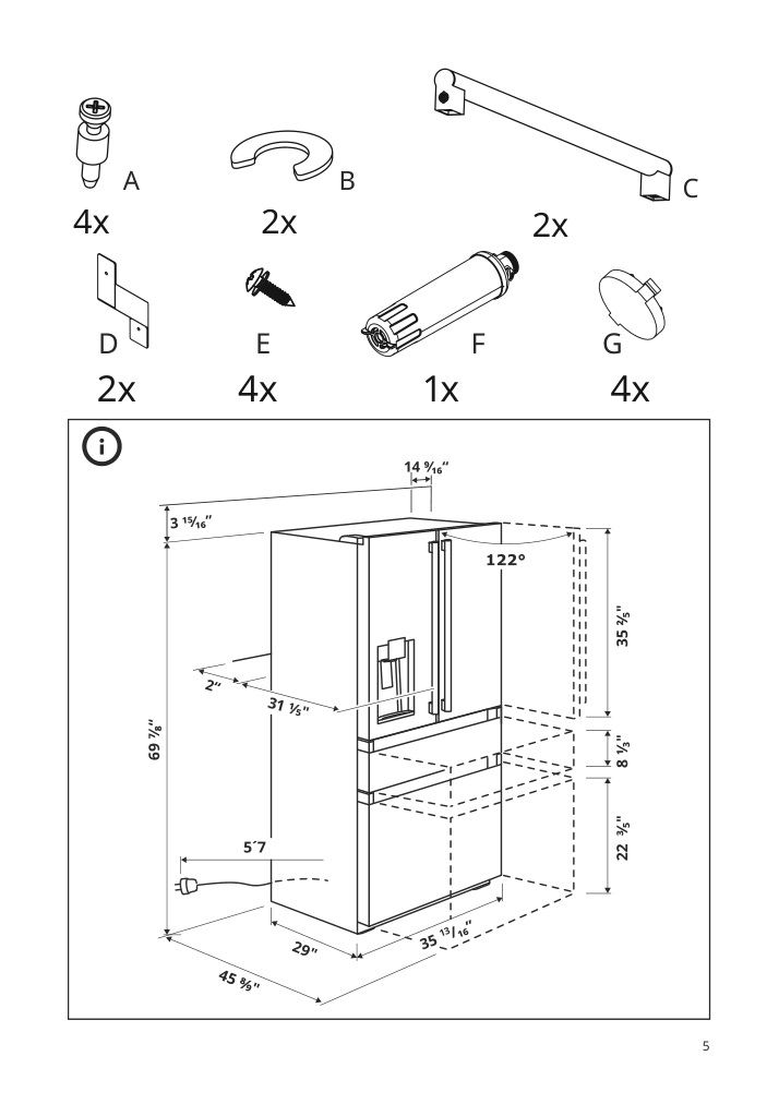 Assembly instructions for IKEA Oeverskadlig french door refrigerator 4 door stainless steel color | Page 5 - IKEA ÖVERSKÅDLIG french door refrigerator 604.621.54