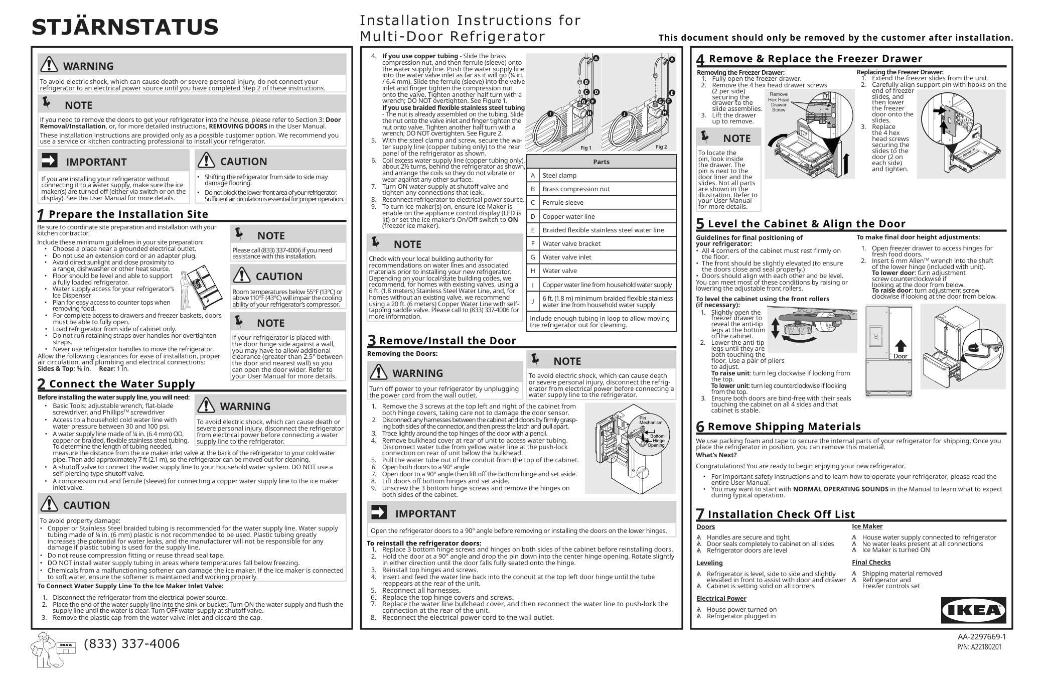 Assembly instructions for IKEA Stjaernstatus french door refrigerator stainless steel color counter depth | Page 1 - IKEA STJÄRNSTATUS french door refrigerator 205.222.87