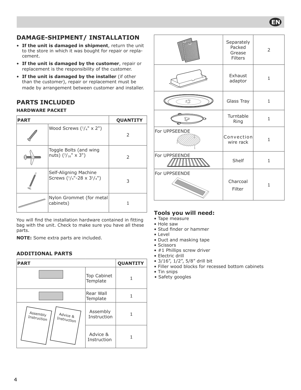 Assembly instructions for IKEA Uppseende over the range convection microwave stainless steel | Page 4 - IKEA UPPSEENDE over-the-range convection microwave 204.621.65