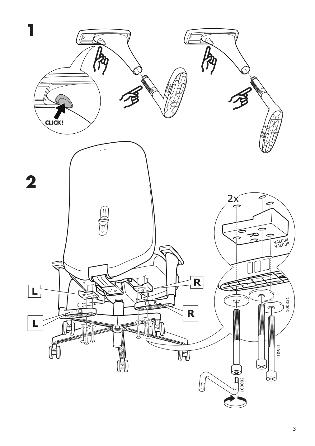 Assembly instructions for IKEA Vallfjaellet pair of armrests | Page 3 - IKEA VALLFJÄLLET office chair with armrests 395.051.79