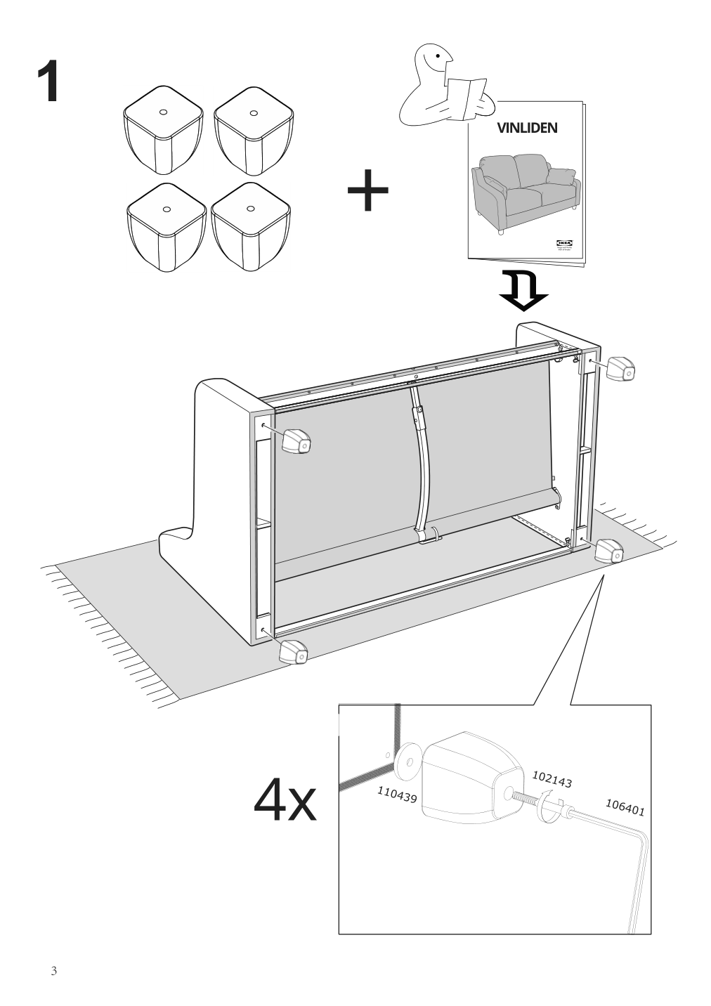 Assembly instructions for IKEA Vinliden leg birch | Page 3 - IKEA VINLIDEN sofa with chaise 095.555.66